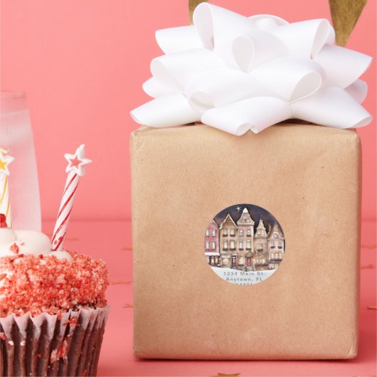 Elegant Townscape gepersonaliseerd adreslabel Ronde Sticker (Feest)