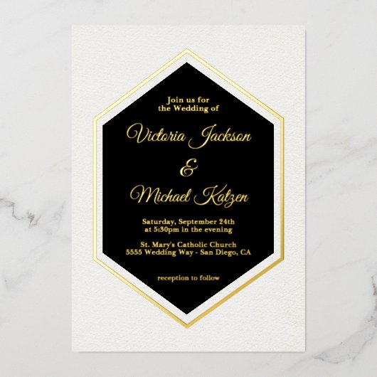 Elegant Traditional Black & Gold Foil Wedding Folie Uitnodiging (Voorkant)