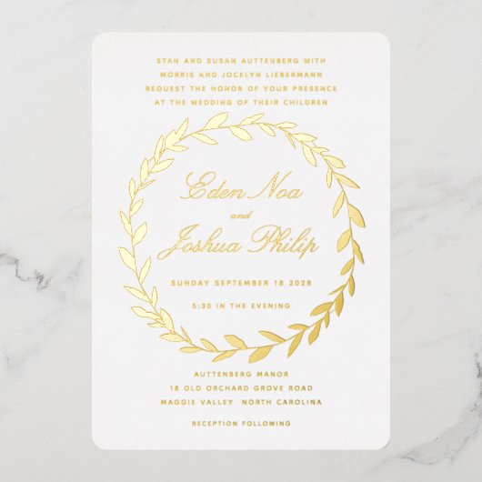 Elegant Traditional Olive Branch Wreated Gold Folie Uitnodiging (Voorkant)