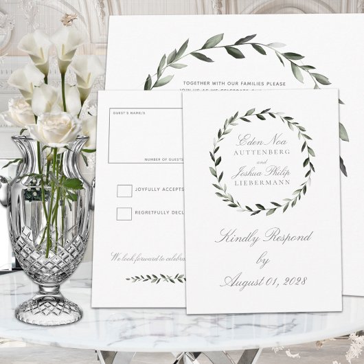 Elegant Traditional Olive Branch Wreath Wedding RSVP Kaartje
