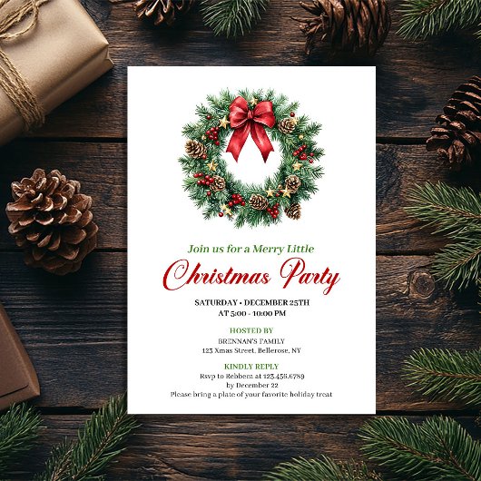 Elegant Traditional Pine Wreath Party Invitation Kaart