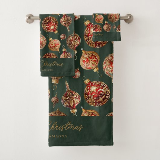 Elegant Traditional Red & Gold Christmas Baubles Bad Handdoek (Insitu)