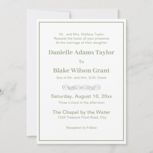 Elegant Traditional Wordings Sage Green White Wedd Kaart (Voorkant)