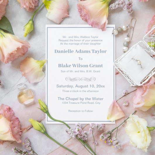 Elegant Traditional Words Dusty Blue White Wedding Kaart