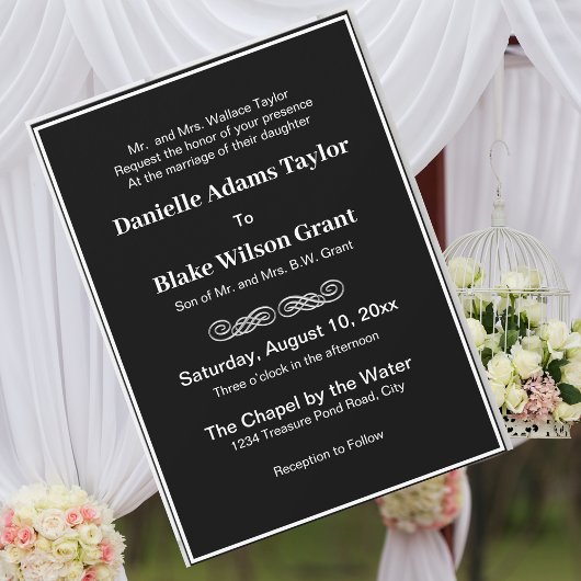 Elegant Traditional Words White on Black Wedding Kaart