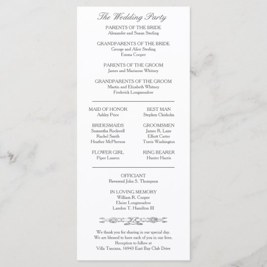 Elegant Traditioneel | Versailles Gray | Weddensch Programmakaart (Achterkant)