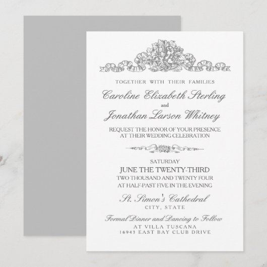 Elegant Traditioneel | Versailles Gray Wedding Kaart (Voorkant / Achterkant)