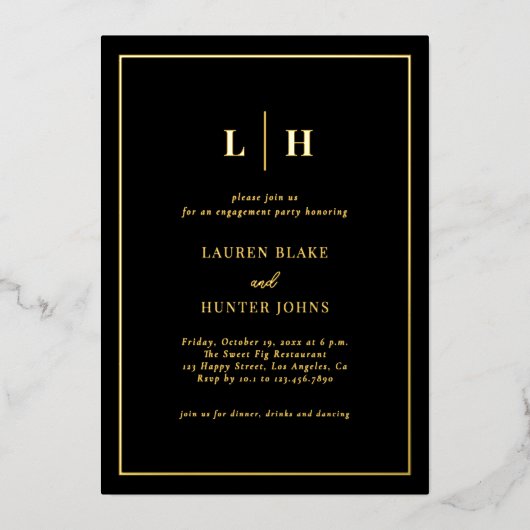 Elegant traditioneel zwart en goudVerloving Folie Uitnodiging (Voorkant)