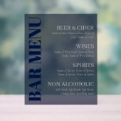 Elegant Transparant Navy Grey Typografie Bar Menu Acryl Bord (Neutraal)