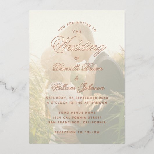 Elegant Transparant Photo Wedding Calligraphy Folie Uitnodiging (Voorkant)