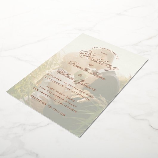 Elegant Transparant Photo Wedding Calligraphy Folie Uitnodiging (Gedraaid)