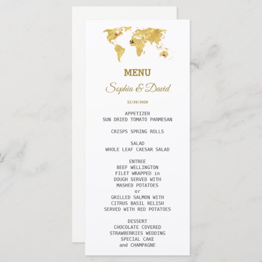 Elegant Travel Gold Wereldkaart Weddenschap Menu (Voorkant / Achterkant)