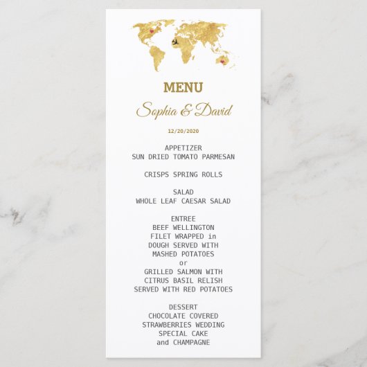 Elegant Travel Gold Wereldkaart Weddenschap Menu (Voorkant)