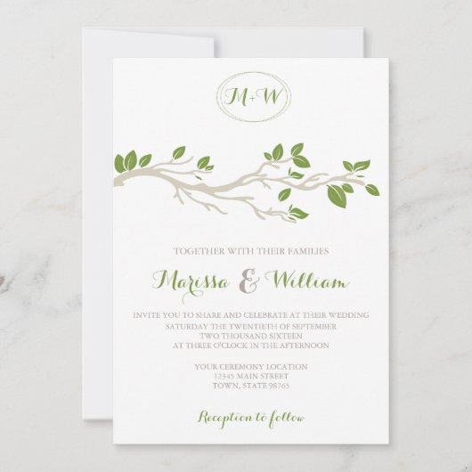Elegant Tree Branch Green/Beige Wedding Invitation Kaart (Voorkant)