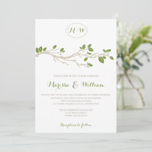 Elegant Tree Branch Green/Beige Wedding Invitation Kaart (Staand voorkant)