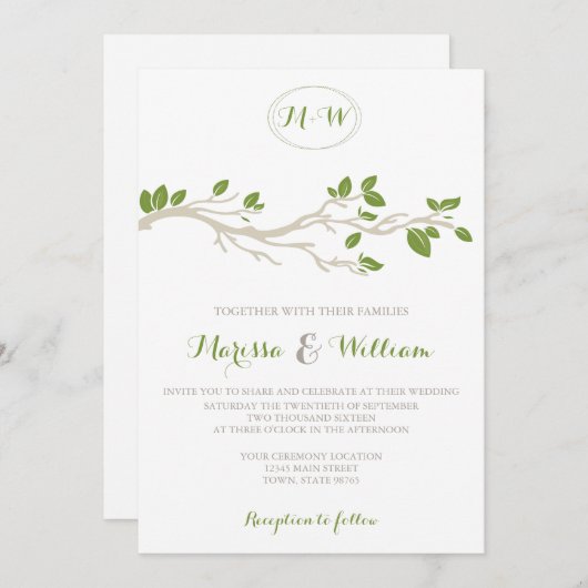 Elegant Tree Branch Green/Beige Wedding Invitation Kaart (Voorkant / Achterkant)