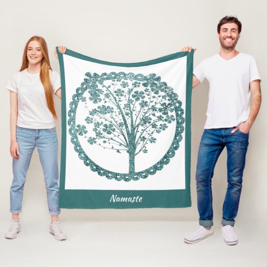 Elegant Tree of Life Blue Glitter Namaste Fleece Deken (In situ)