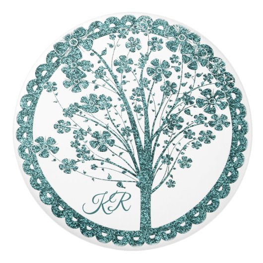 Elegant Tree of Life Blue Glitter Yoga Monogram Keramische Knop (Voorkant)