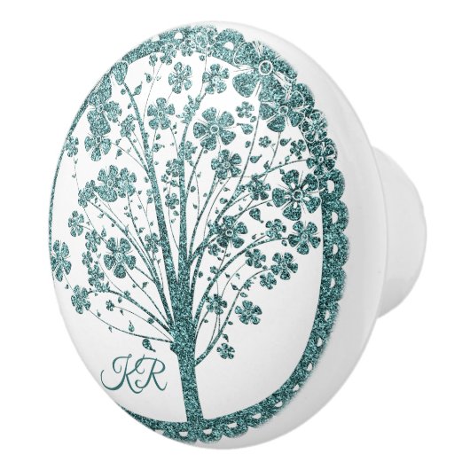 Elegant Tree of Life Blue Glitter Yoga Monogram Keramische Knop (Rechts)