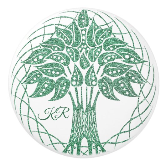 Elegant Tree of Life Green Glitter Yoga Monogram Keramische Knop (Voorkant)
