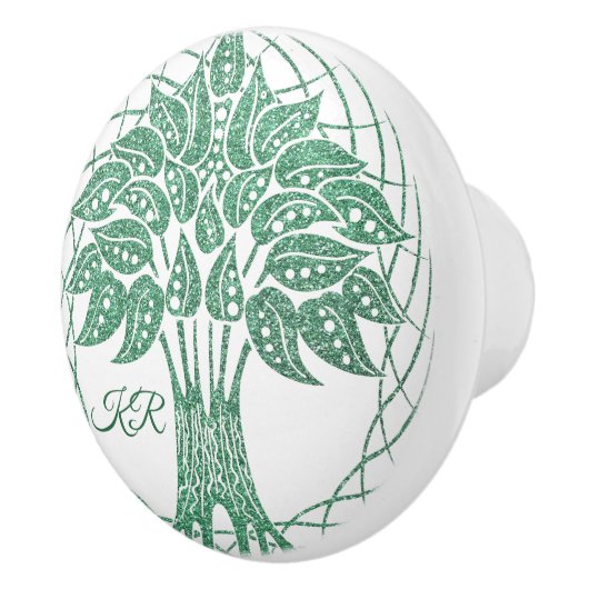 Elegant Tree of Life Green Glitter Yoga Monogram Keramische Knop (Rechts)