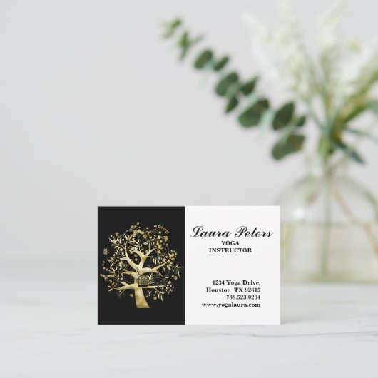Elegant Tree of Life Yoga Instructor Black Gold Visitekaartje (Staand voorkant)