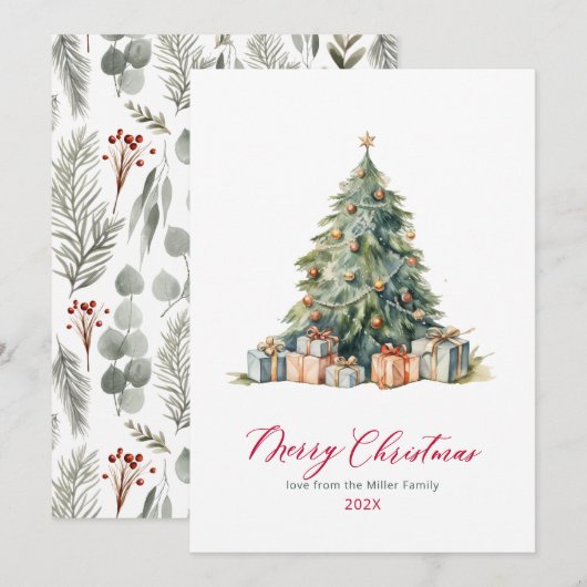 Elegant Tree Red Script Non Photo Christmas-Kaarte Feestdagenkaart (Voorkant / Achterkant)