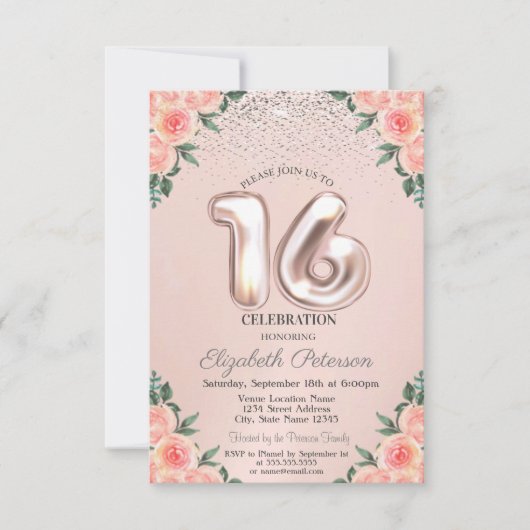 Elegant Trendy Confetti Flowers Sweet 16 Kaart (Voorkant)