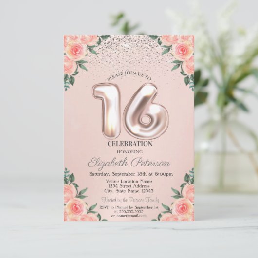 Elegant Trendy Confetti Flowers Sweet 16 Kaart (Staand voorkant)