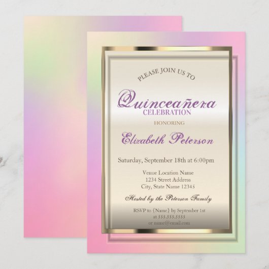 Elegant Trendy Cool Holographic Quinceañera Kaart (Voorkant / Achterkant)