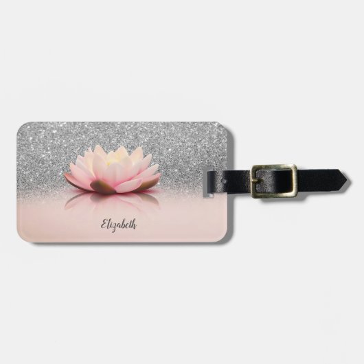 Elegant Trendy Girly, Lotus Silver Glitter Bokeh Bagagelabel (Voorkant horizontaal)