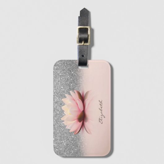 Elegant Trendy Girly, Lotus Silver Glitter Bokeh Bagagelabel (Voorkant (verticaal))