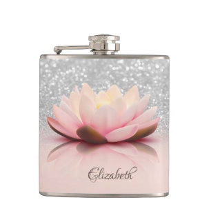 Elegant Trendy Girly, Lotus Silver Glitter Bokeh Heupfles