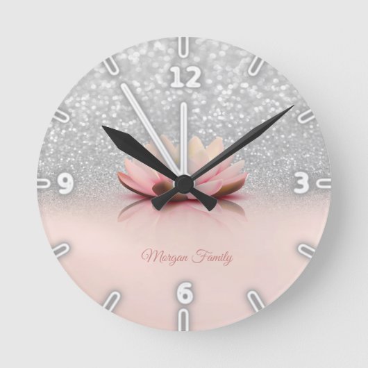 Elegant Trendy Girly, Lotus Silver Glitter Bokeh Ronde Klok (Voorkant)