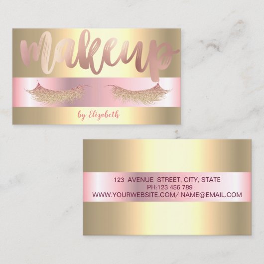 Elegant Trendy Glittery Lashes, Gold Makeup Artist Visitekaartje (Voorkant / Achterkant)