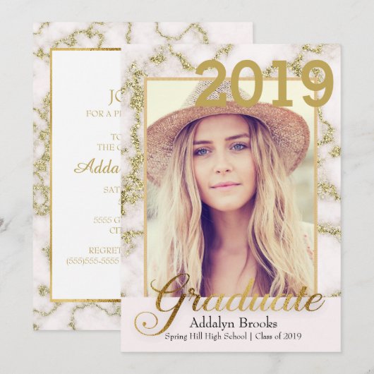 Elegant Trendy Gold White Marble Photo Afstuderen Kaart (Voorkant / Achterkant)