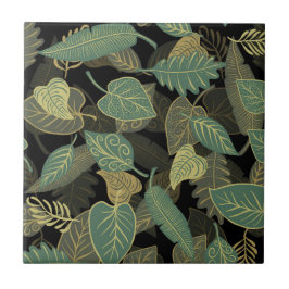 Elegant Trendy Herfst Green Leaves Autumn Black Tegeltje