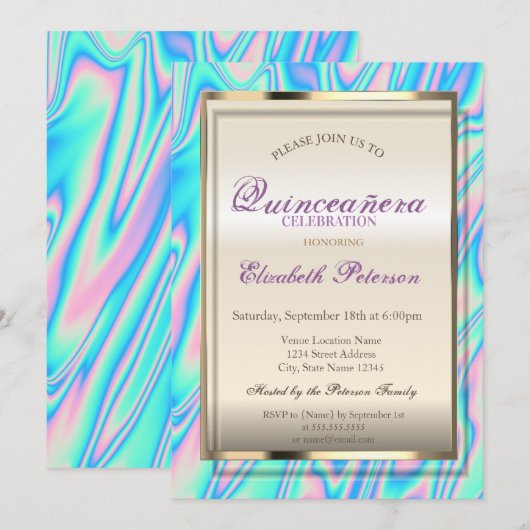 Elegant Trendy Holographic Quinceañera Kaart (Voorkant / Achterkant)
