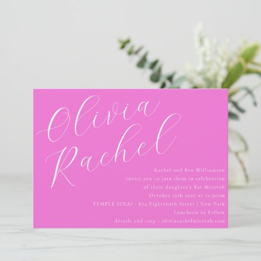 Elegant Trendy Hot Pink Script Minimal Bat Mitzvah Kaart (Staand voorkant)
