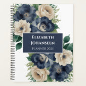 Elegant Trendy Navy Blue & Cream Bloemen Waterverf Planner (Voorkant)