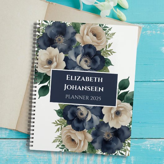 Elegant Trendy Navy Blue & Cream Bloemen Waterverf Planner