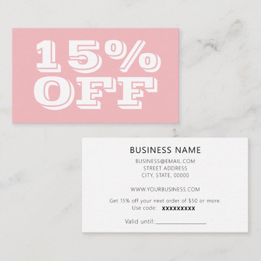 Elegant Trendy Pastel Pink Modern Discount Kaart Kortingskaartje (Voorkant / Achterkant)