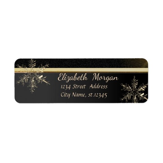 Elegant Trendy Snowflakes, Faux Gold, Black Etiket (Voorkant)