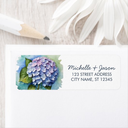 Elegant trendy waterverf hydrangea retouradres etiket (Insitu)
