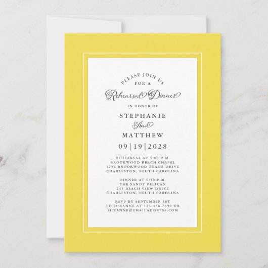 Elegant Trendy Yellow Wedding Rehearsal Dinner Kaart (Voorkant)