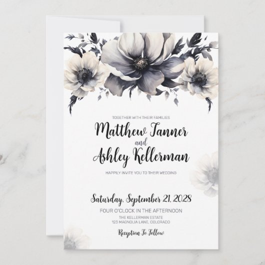 Elegant Trendy Zwart Wit Bloemen Bruiloft Kaart (Voorkant)