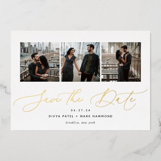 Elegant Trio | Multi Photo Save the Date Gold Folie Uitnodiging (Voorkant)