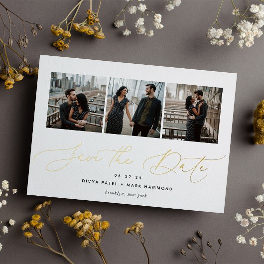 Elegant Trio | Multi Photo Save the Date Gold Folie Uitnodiging