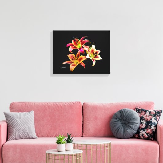 Elegant Trio van Geel Roze Daylilies Floral Canvas Afdruk (Insitu (Woonkamer))