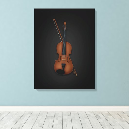 Elegant Trompe L'oeil Violin & Bow op 18x24 Black Canvas Afdruk (Insitu (Houten vloer))